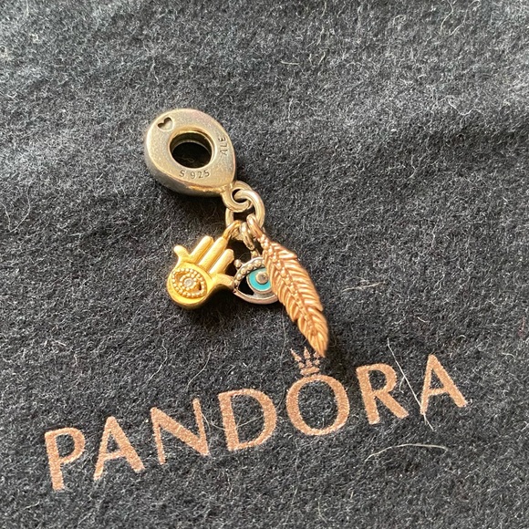 Pandora Hamsa, All-seeing Eye & Feather Spirituality Dangle tri-tone Charm - Picture 2 of 3